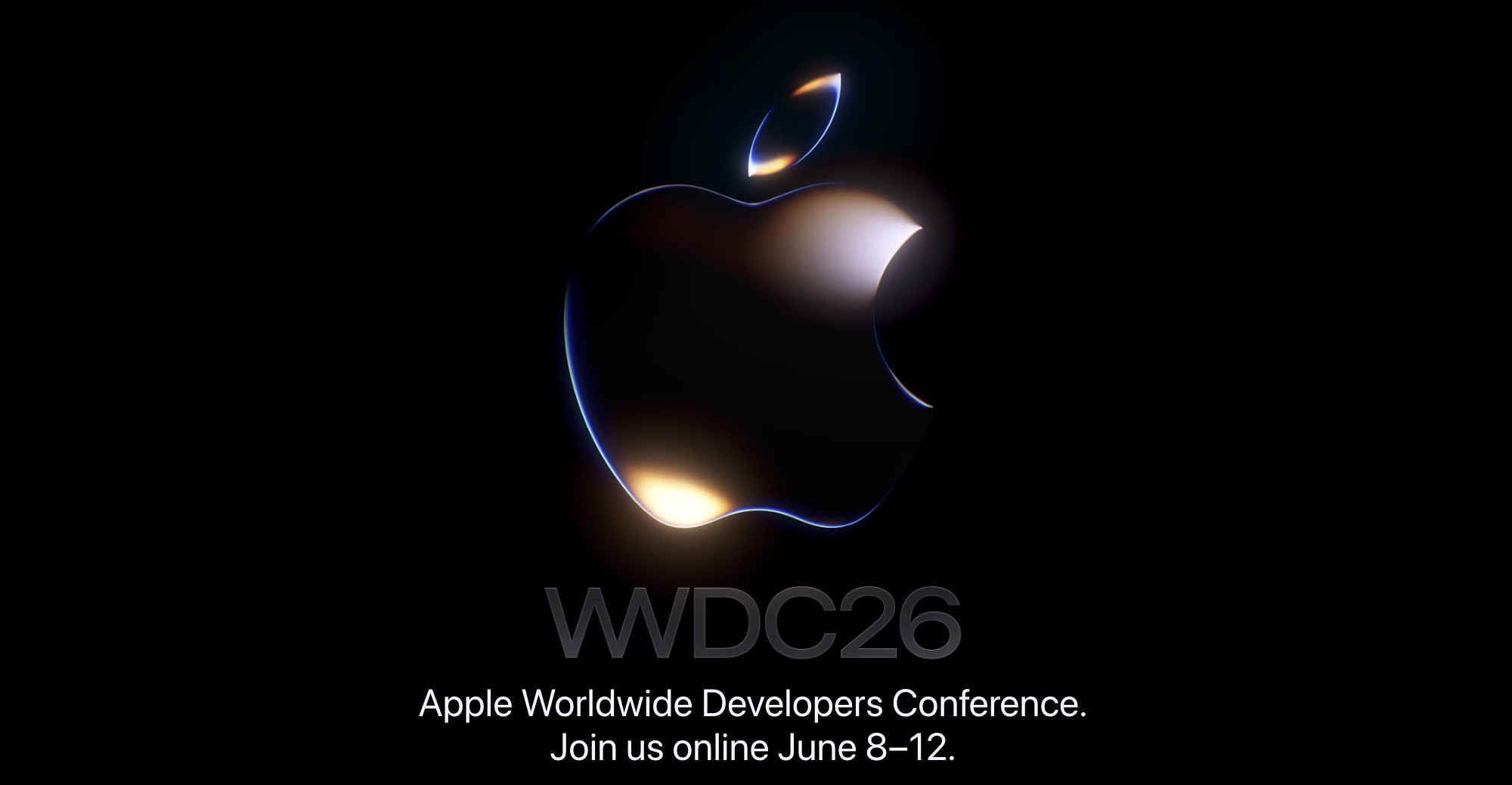 من موقع فون إسلام: شعار أبل مع إضاءات متوهجة فوق النص "WWDC26" و"مؤتمر أبل العالمي للمطورين. مشاهدة مؤتمر آبل WWDC26 على الإنترنت من 8 إلى 12 يونيو." على خلفية سوداء.