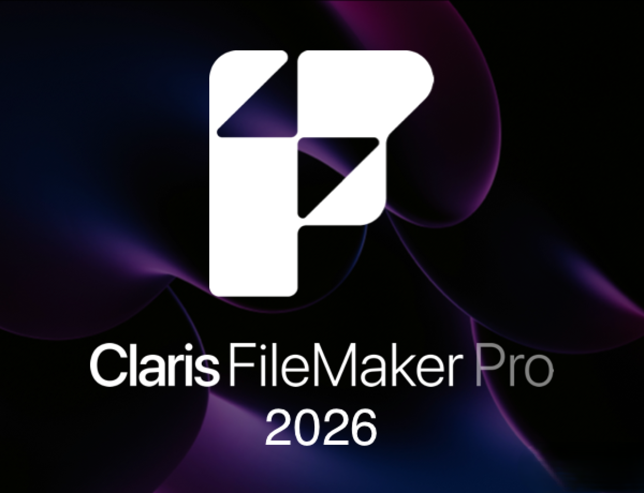 من موقع فون إسلام: شعار برنامج Claris FileMaker Pro 2026 على خلفية تجريدية داكنة، يتضمن أشكالًا هندسية ونصوصًا بيضاء بارزة، مستوحى من تطبيقات أبل الجديدة.