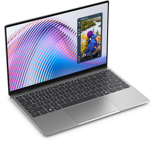 من موقع فون إسلام: يظهر جهاز كمبيوتر محمول من طراز «ديل XPS 13» باللون الفضي المخصص للطلاب، مزود بلوحة لمس كبيرة، مفتوحًا على سطح أبيض، وتظهر على شاشته خلفية تجريدية ملونة وتطبيق لتحرير الصور.