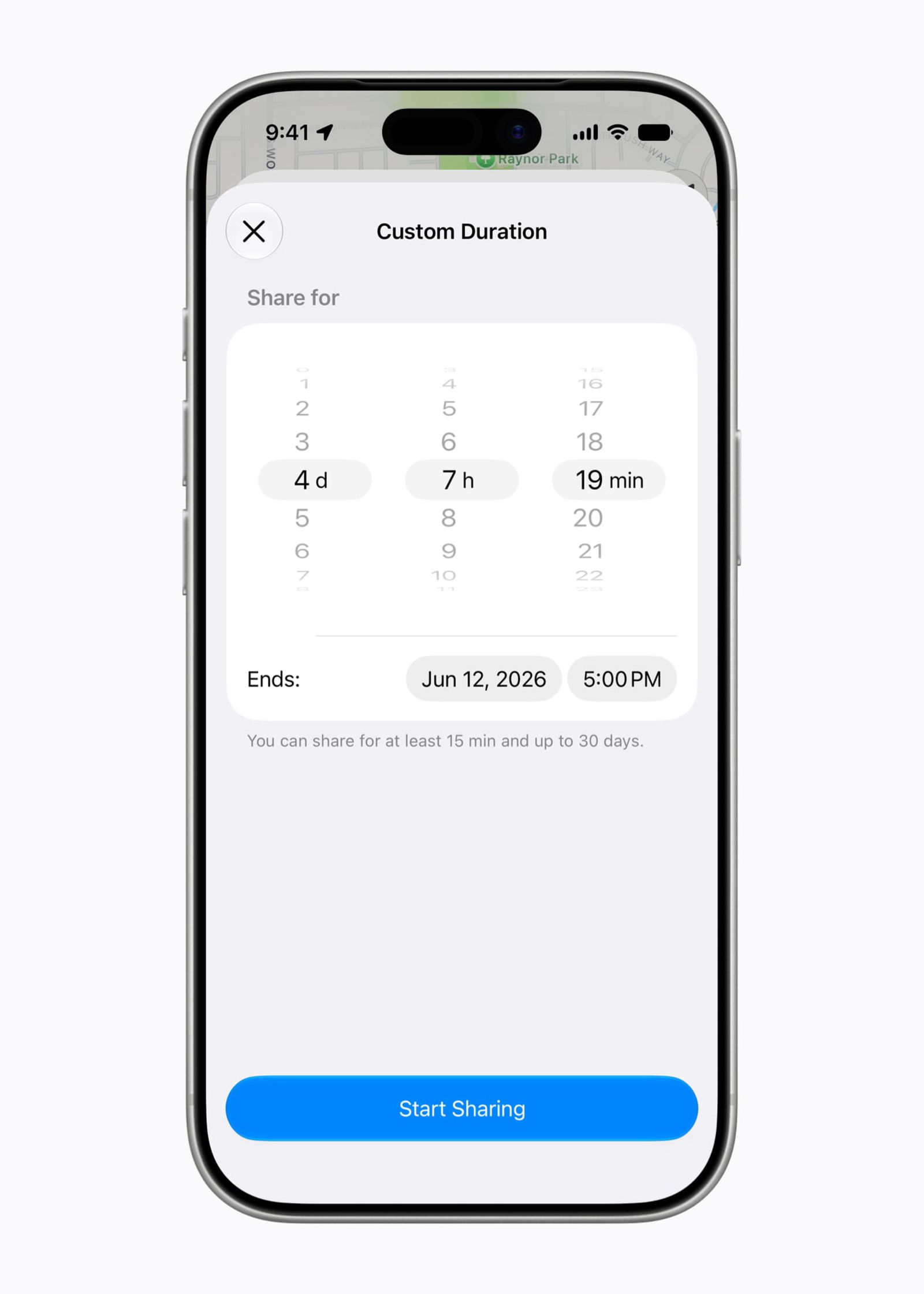 From the Phonegram website: A smartphone screen showing a sharing menu titled 'Custom Duration,' set to share for 4 days, 7 hours, and 19 minutes — one of the hidden iOS 27 features — ending on June 12, 2026, at 5:00 PM.