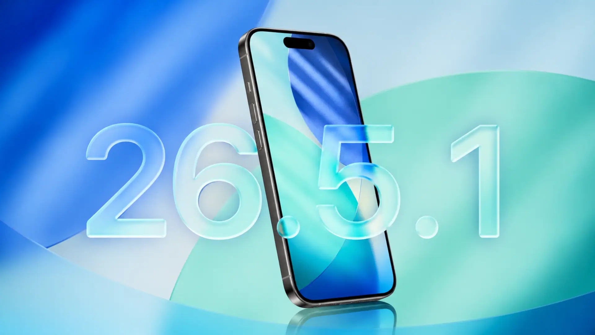 من موقع فون إسلام: يتم عرض هاتف ذكي حديث في وضع مستقيم مع تحديث iOS 26.5.1 بنص كبير وشفاف أمامه على خلفية تجريدية زرقاء وخضراء.