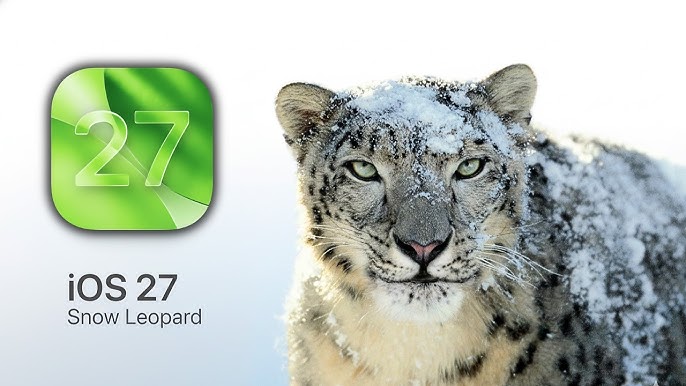 من موقع فون إسلام: نمر ثلجي مغطى بالثلج يقف بجانب شعار نظام iOS 27 سنو ليوبارد، يبرز ميزات نظام iOS 27 على خلفية بيضاء نقية.