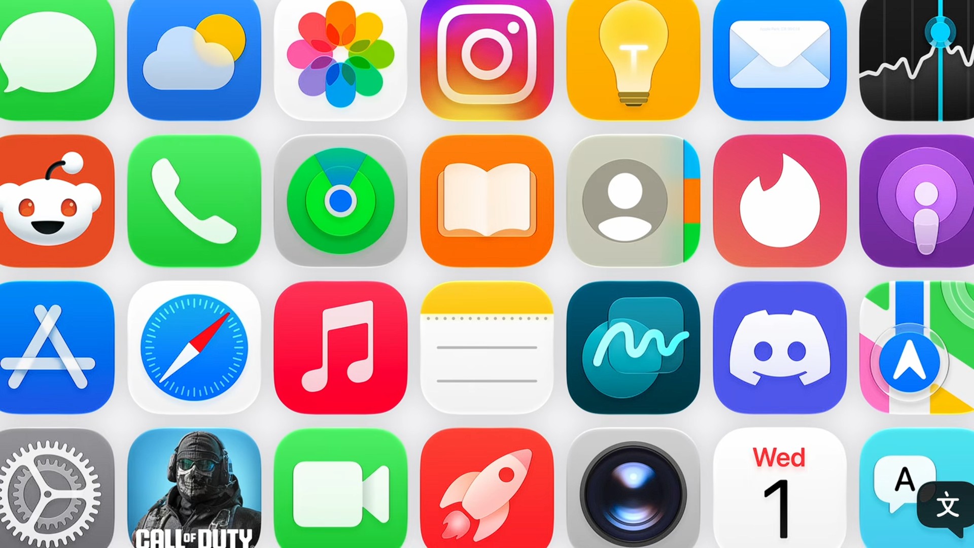 From the Phonegram website: A grid of colorful smartphone app icons, including Instagram, Safari, Discord, Call of Duty, Reddit, and Apple Books, plus a calendar set to the first Wednesday of the month — highlighting Apple's hidden improvements in every detail.