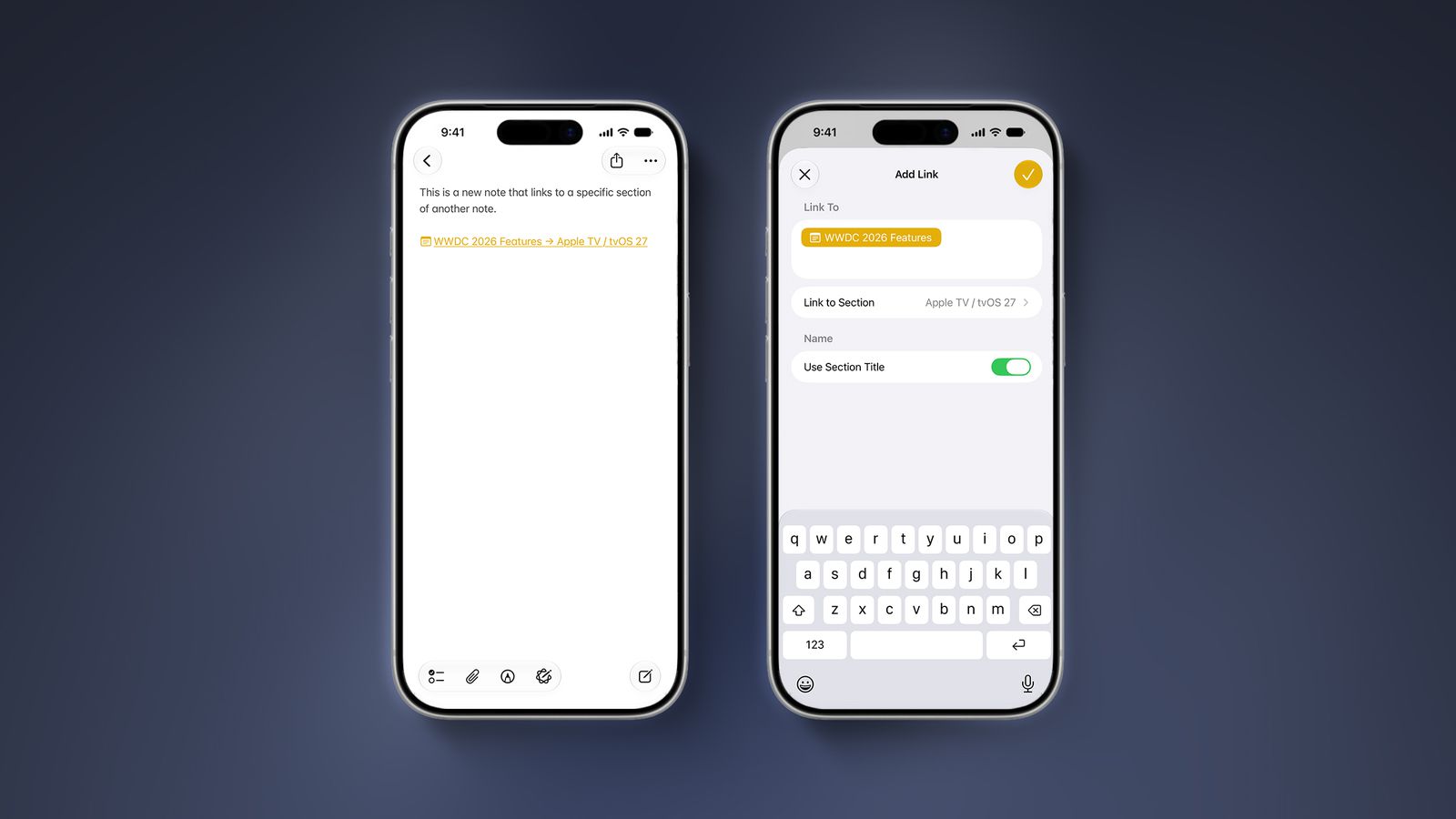 From the Phonegram website: Two smartphones show the link-binding feature in the 'Notes' app on iOS 27: the left phone shows a highlighted link in a note, while the right phone shows options for creating links using the keyboard and a toggle switch.