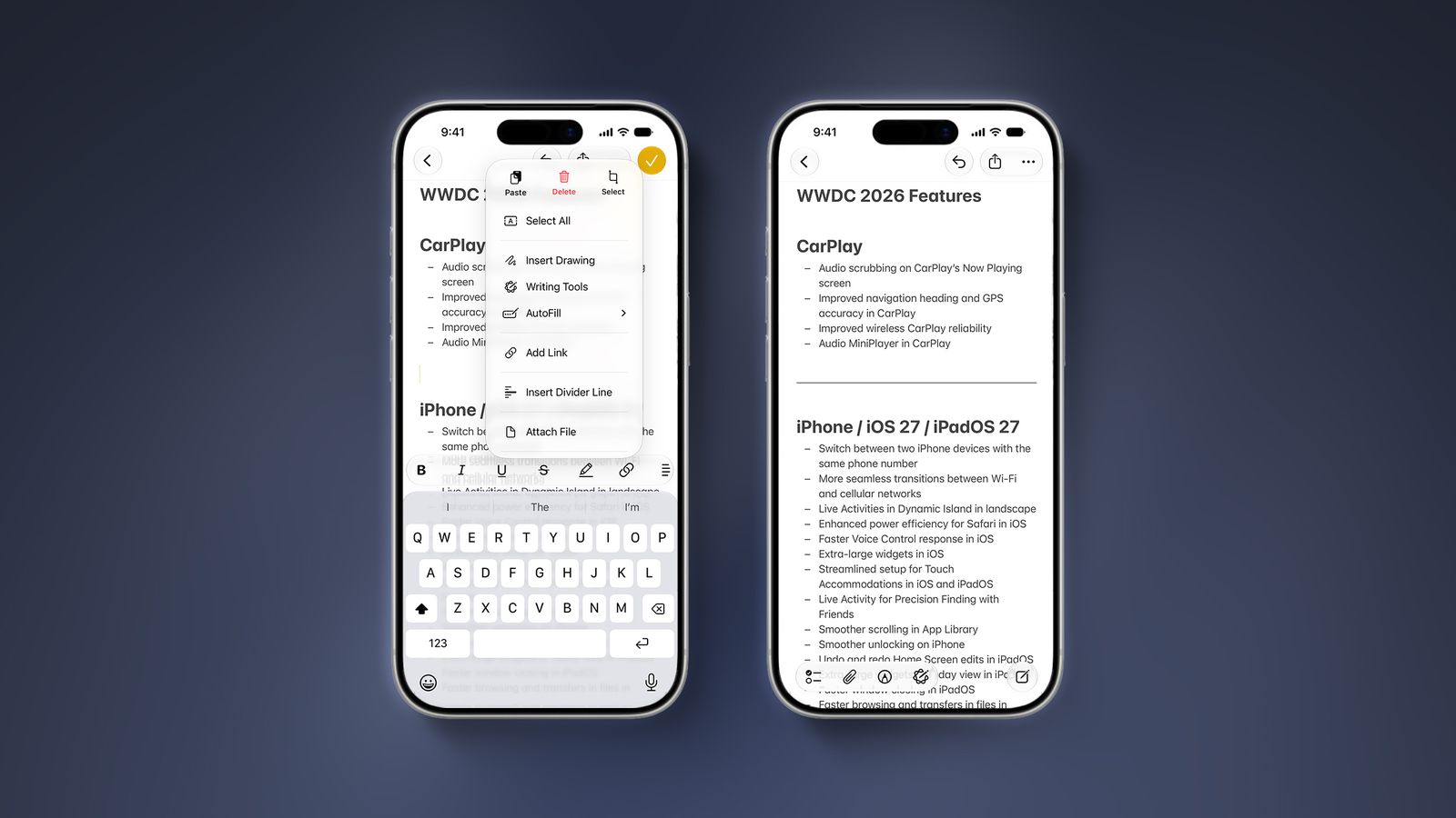 From the Phonegram website: Two smartphones show note-taking apps; the left phone displays editing options, while the right phone displays a list of WWDC 2026 features and updates for CarPlay, iPhone, iPadOS 27, and the Notes app in iOS 27.