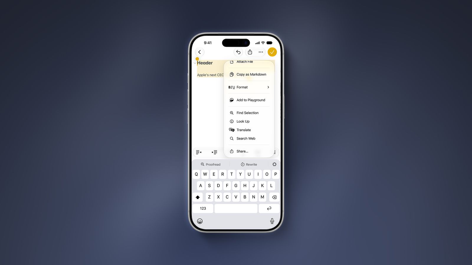 From the Phonegram website: A smartphone screen shows the 'Notes' app in iOS 27 with formatting and text options, a visible keyboard, and a blurred dark background.