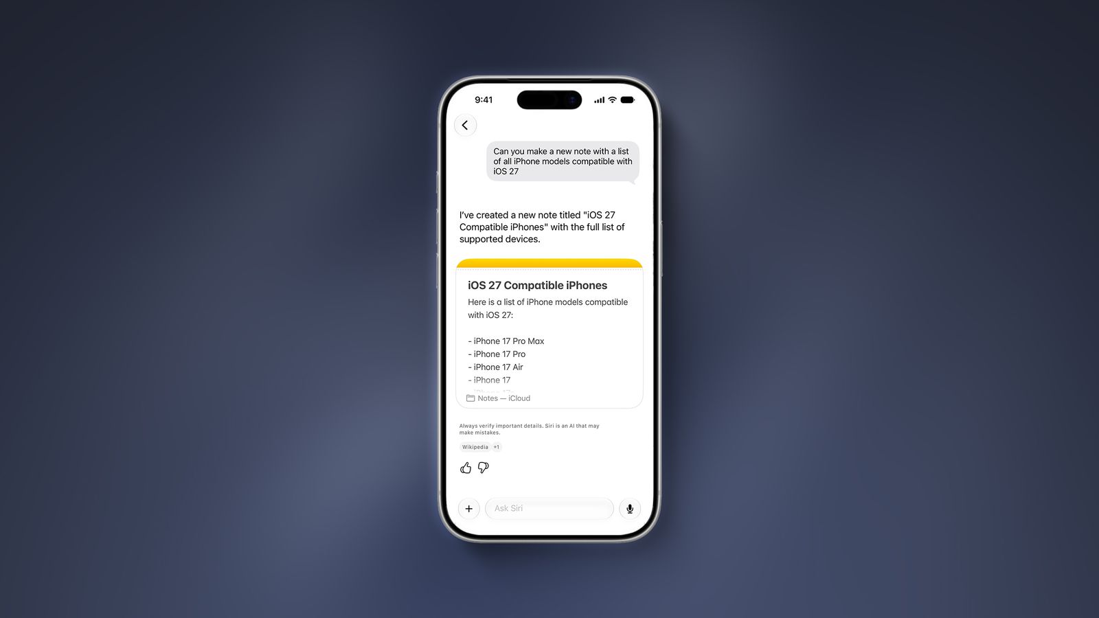 From the Phonegram website: A smartphone displays a list of iPhone models compatible with iOS 17, including the iPhone XR and later versions, within a chat interface that also highlights features of the Notes app in iOS 27.