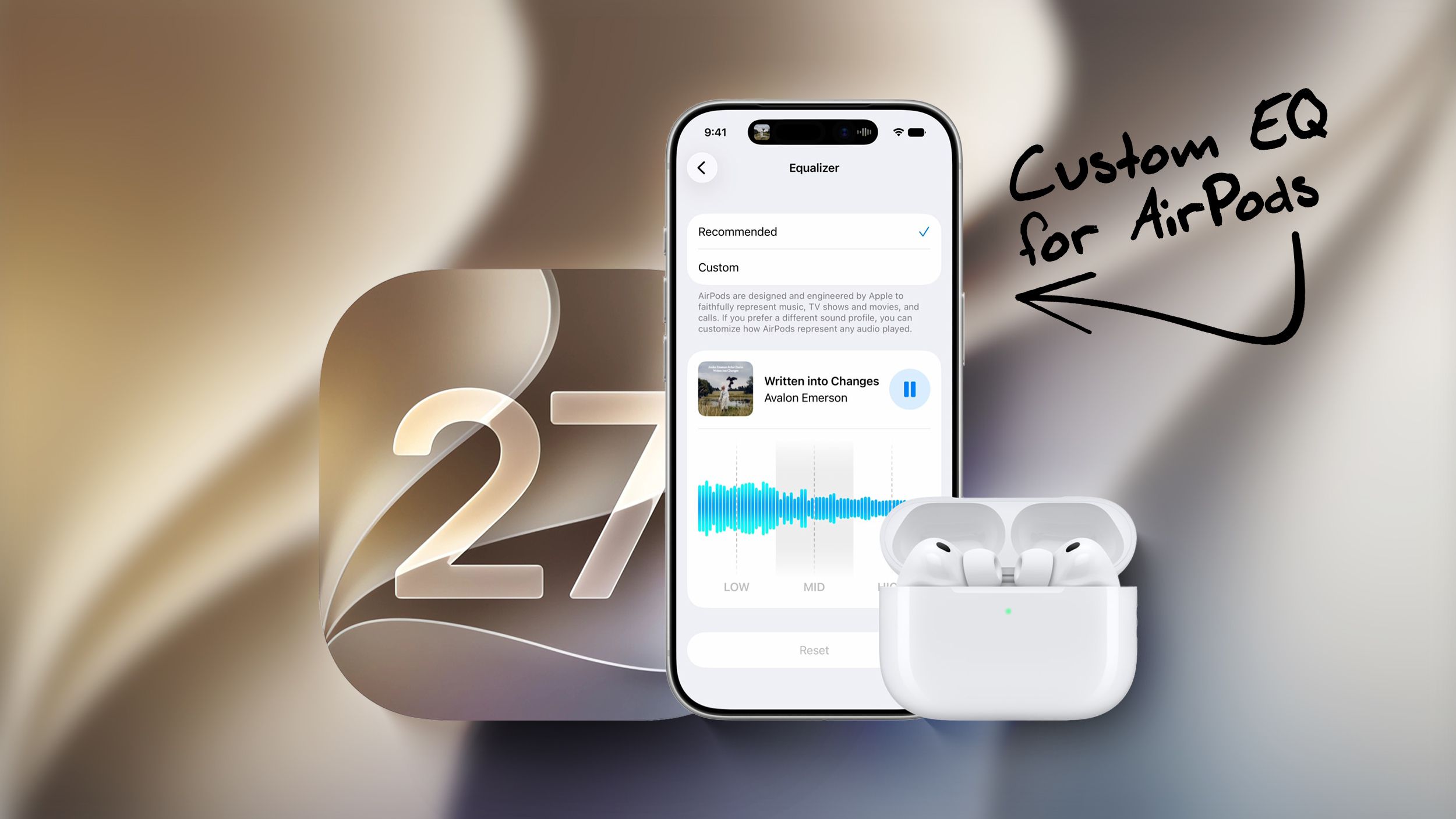 من موقع فون إسلام: تُظهر شاشة iPhone إعدادًا مخصصًا لمُعدِّل الصوت (EQ) لسماعات AirPods، مع ظهور سماعات AirPods وأيقونة نظام iOS 17 في الخلفية. ويُشير النص إلى «مُعدِّل صوت مخصص لسماعات AirPods».