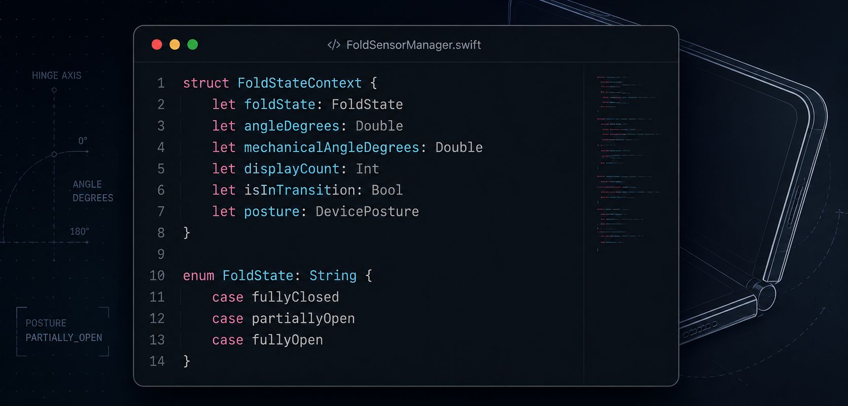 من موقع فون إسلام: لقطة شاشة لرمز لغة Swift يحدد بنية «FoldStateContext» مع خصائص، بالإضافة إلى قائمة «FoldState» التي تضم حالات الطي — «fullyClosed» و«partiallyOpen» و«fullyOpen» — لإدارة هاتف آي-فون قابل للطي.