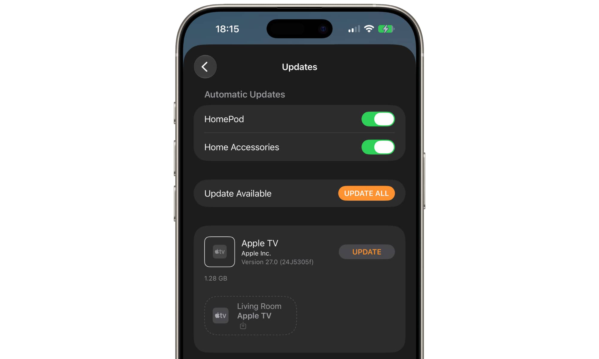 تحديث جهاز Apple TV عبر تطبيق المنزل على الآي-فون