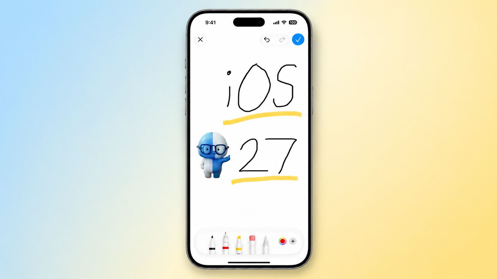 من موقع فون إسلام: يُظهر هاتف آيفون ملاحظة مكتوبة بخط اليد تقول "iOS 17" بجانب شخصية زرقاء ترتدي نظارات؛ وتظهر أدوات وعناصر الرسم من تطبيق الرسائل في iOS 27 في أسفل الشاشة.