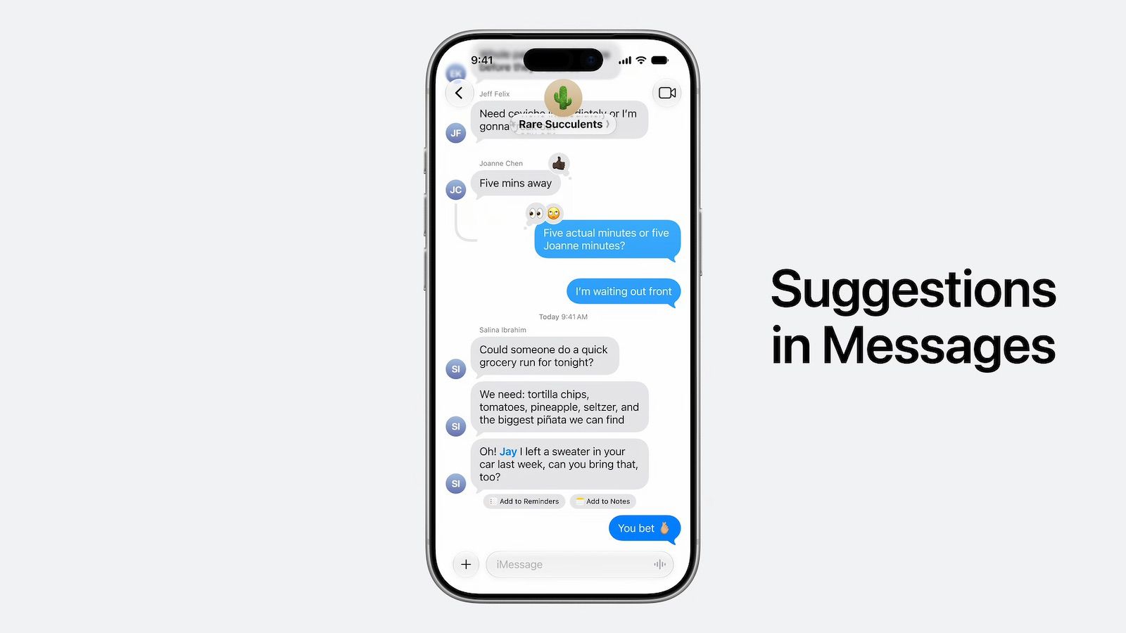 From the Phonegram website: A smartphone screen shows a group text conversation with message suggestions appearing above the keyboard. The text reads: 'Suggestions in Messages,' highlighting features similar to the 'Notes' app in iOS 27.