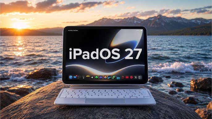 From the Phonegram website: An iPad equipped with a keyboard displaying "iOS 27" on its screen while sitting on a rock by a lake, with mountains and a sunset in the background.