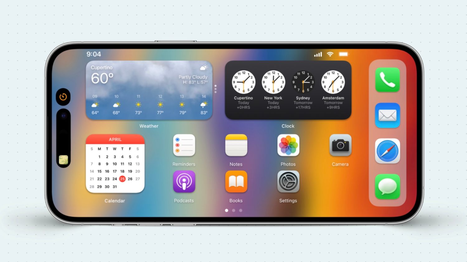 من موقع فون إسلام: شاشة iPhone الرئيسية في الوضع الأفقي على هاتف آي-فون قابل للطي، تعرض معلومات الطقس والتقويم والساعات العالمية وأيقونات تطبيقات متنوعة على خلفية ملونة بتدرج لوني.