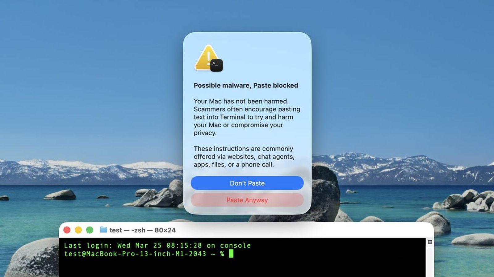 من موقع فون إسلام: يظهر تحذير من نظام macOS بشأن احتمال قيام برامج ضارة بحظر عمليات اللصق أعلى نافذة «ترمينال»، مع خلفية تُظهر بحيرة وجبلًا صخريين، بينما تظهر عبارة «أخبار الأسبوع» بشكل خفيف على هامش الشاشة.