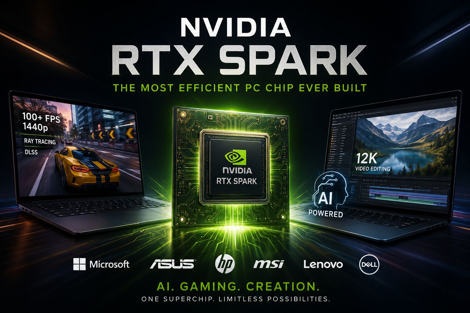من موقع فون إسلام: صورة ترويجية لشريحة Nvidia RTX Spark، تظهر شريحة مركزية بين جهازي كمبيوتر محمول يعرضان الألعاب وتحرير الفيديو، مع شعارات العلامات التجارية الكبرى لأجهزة الكمبيوتر الشخصية في الأسفل.