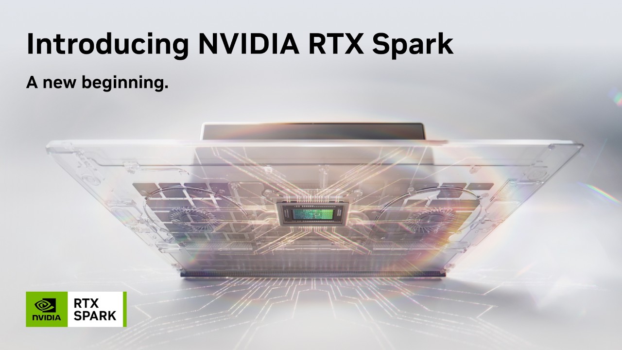 من موقع فون إسلام: رقاقة كمبيوتر شفافة مكتوب عليها "معالج Nvidia RTX Spark" معروضة بخطوط رقمية مستقبلية، إلى جانب نص "نقدم لكم NVIDIA RTX Spark. بداية جديدة." وشعار NVIDIA.