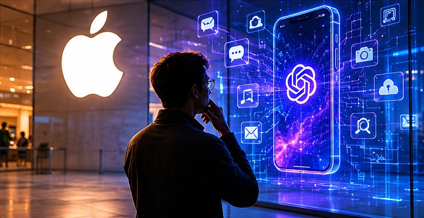 من موقع فون إسلام: شخص يقف أمام نافذة متجر Apple يعرض رسماً رقمياً كبيراً للآي-فون مع شعار تكنولوجي بارز وأيقونات تطبيقات.