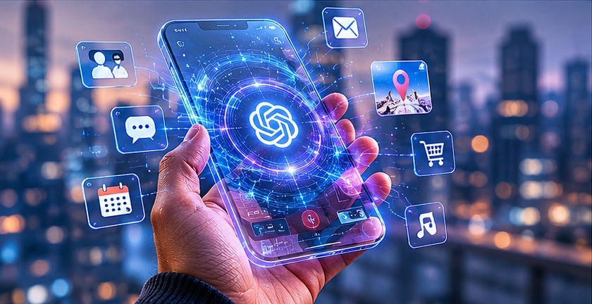 من موقع فون إسلام: يدٌ تحمل هاتف ذكي مفتوح (OpenAI) يعرض واجهة رقمية مع أيقونات تطبيقات مختلفة ورمز ذكاء اصطناعي مركزي على خلفية ضبابية لمشهد المدينة.