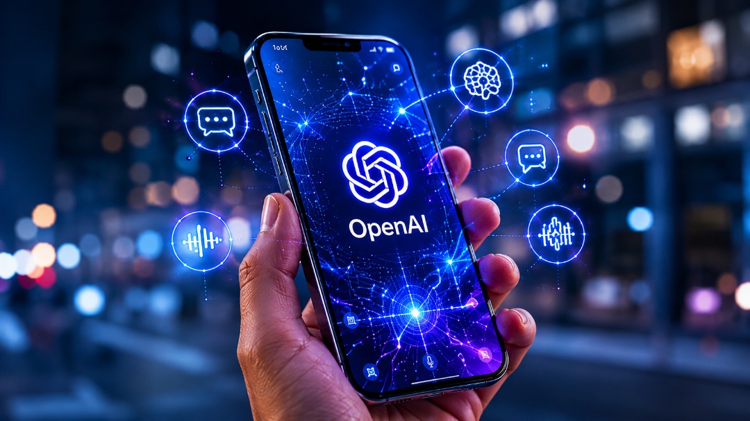 من موقع فون إسلام: يدٌ تحمل شعار OpenAI يعرض شعار OpenAI، وتحيط به أيقونات رقمية تمثل تكنولوجيا الذكاء الاصطناعي، مع مشهد غير واضح للمدينة في الخلفية.