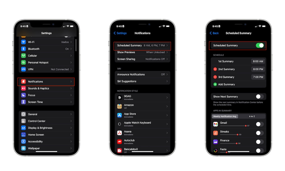ملخص الإشعارات المجدول على الآي-فون
