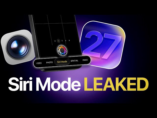 من موقع فون إسلام: رسم بياني يُظهر أيقونات الكاميرا والتطبيقات مع نص: "تم تسريب وضع Siri Mode" إلى جانب واجهة رقمية تحمل اسم "وضع Siri Mode" والرقم 27، في إشارة إلى ميزات نظام iOS 27.