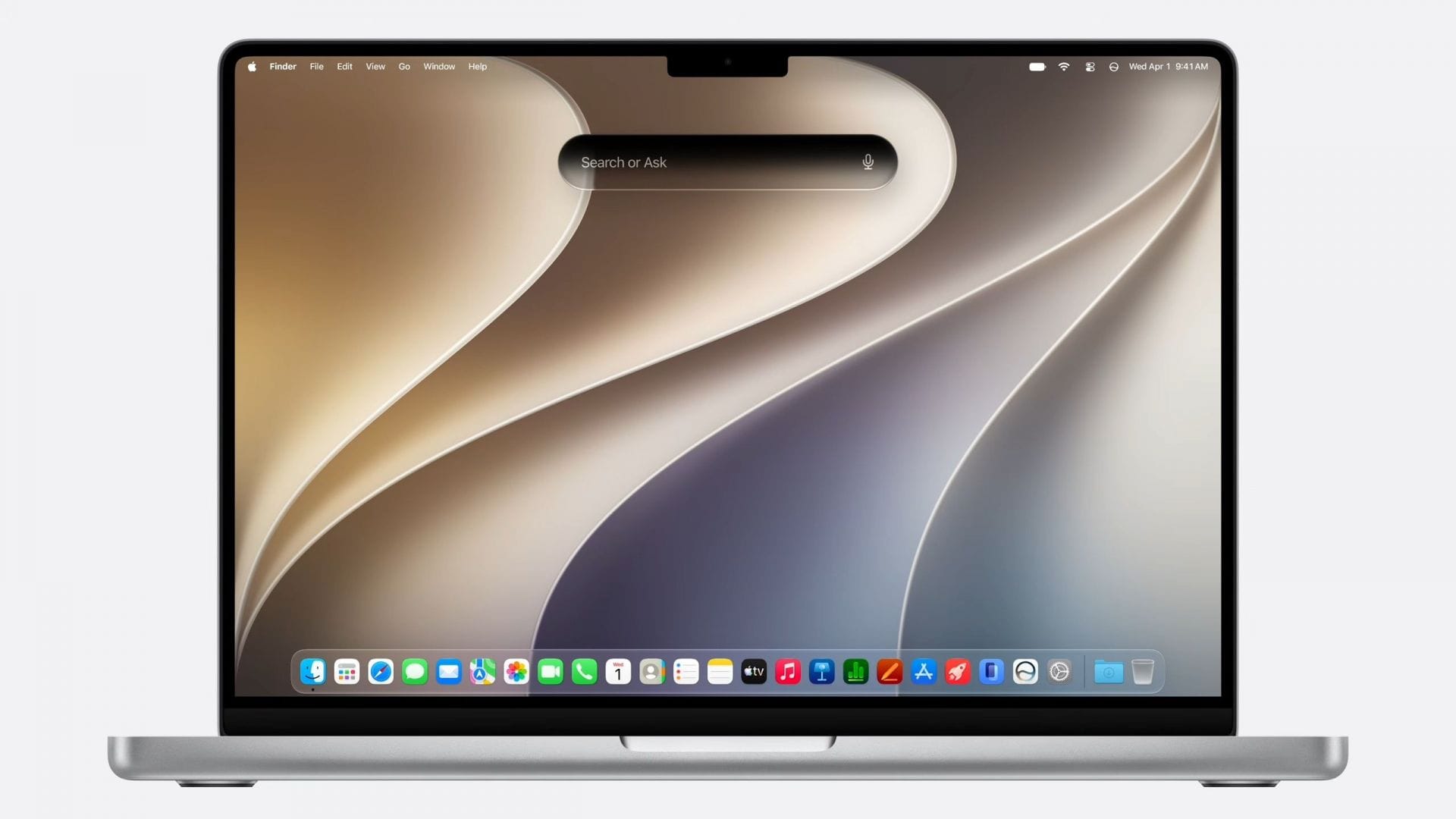 من موقع فون إسلام: يُظهر جهاز كمبيوتر محمول بهيكل فضي سطح مكتب نظام macOS، مع خلفية تجريدية بسيطة وأيقونات التطبيقات في شريط المهام، مع إبراز ميزة "تخطي قائمة انتظار Siri AI" لضمان إنتاجية رقمية سلسة.