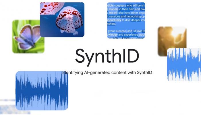 من موقع فون إسلام: يظهر النص المُركز في الوسط «SynthID: تحديد المحتوى المُنتج بواسطة الذكاء الاصطناعي باستخدام SynthID»، محاطًا بصور لفراشة وحيوان بحري ونص وشكل تجريدي ورسومات موجات صوتية زرقاء — مع ميزة «إعادة التأطير المكاني» المتوفرة الآن في نظام iOS 27.