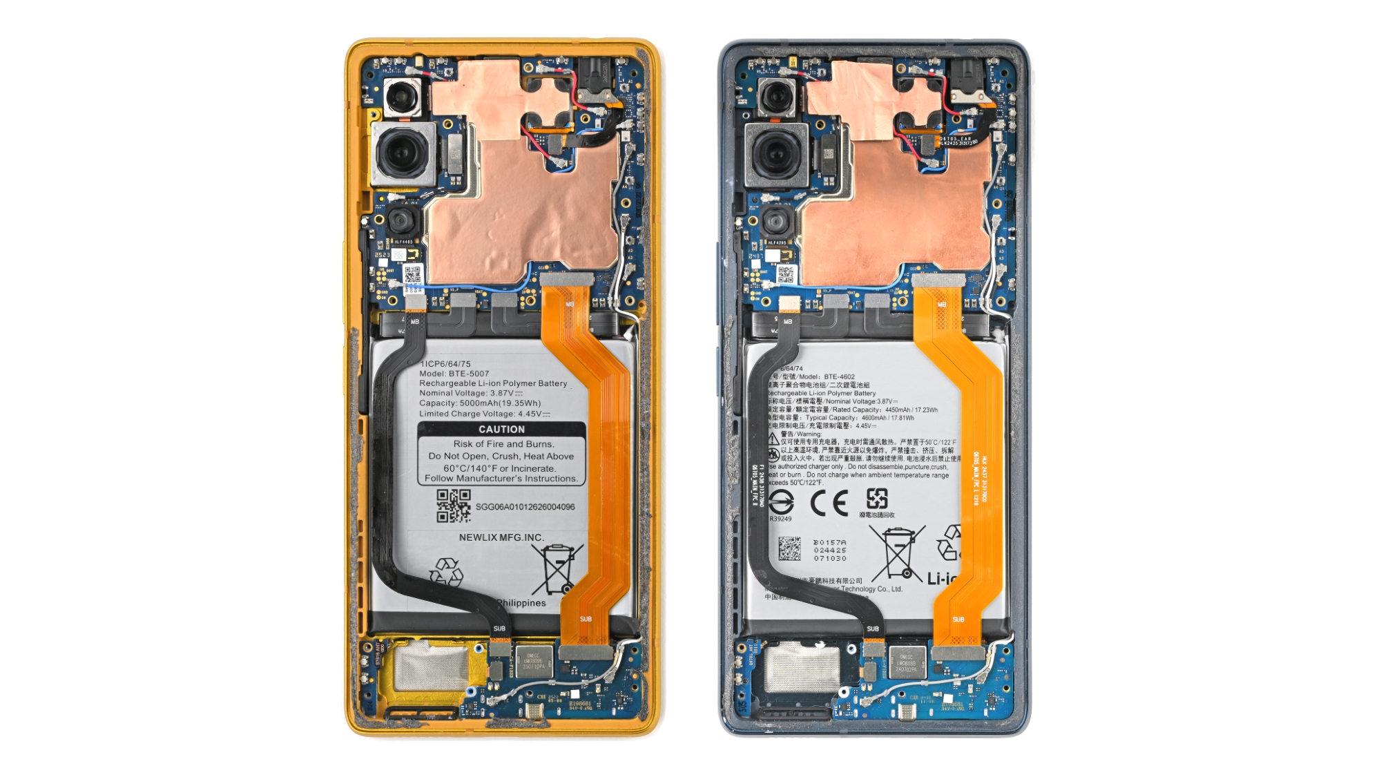 From Phonegram website: Two smartphones, one being the Trump T1, after their back covers have been removed, showing internal components such as batteries, circuit boards, orange flex cables, and a copper shield.
