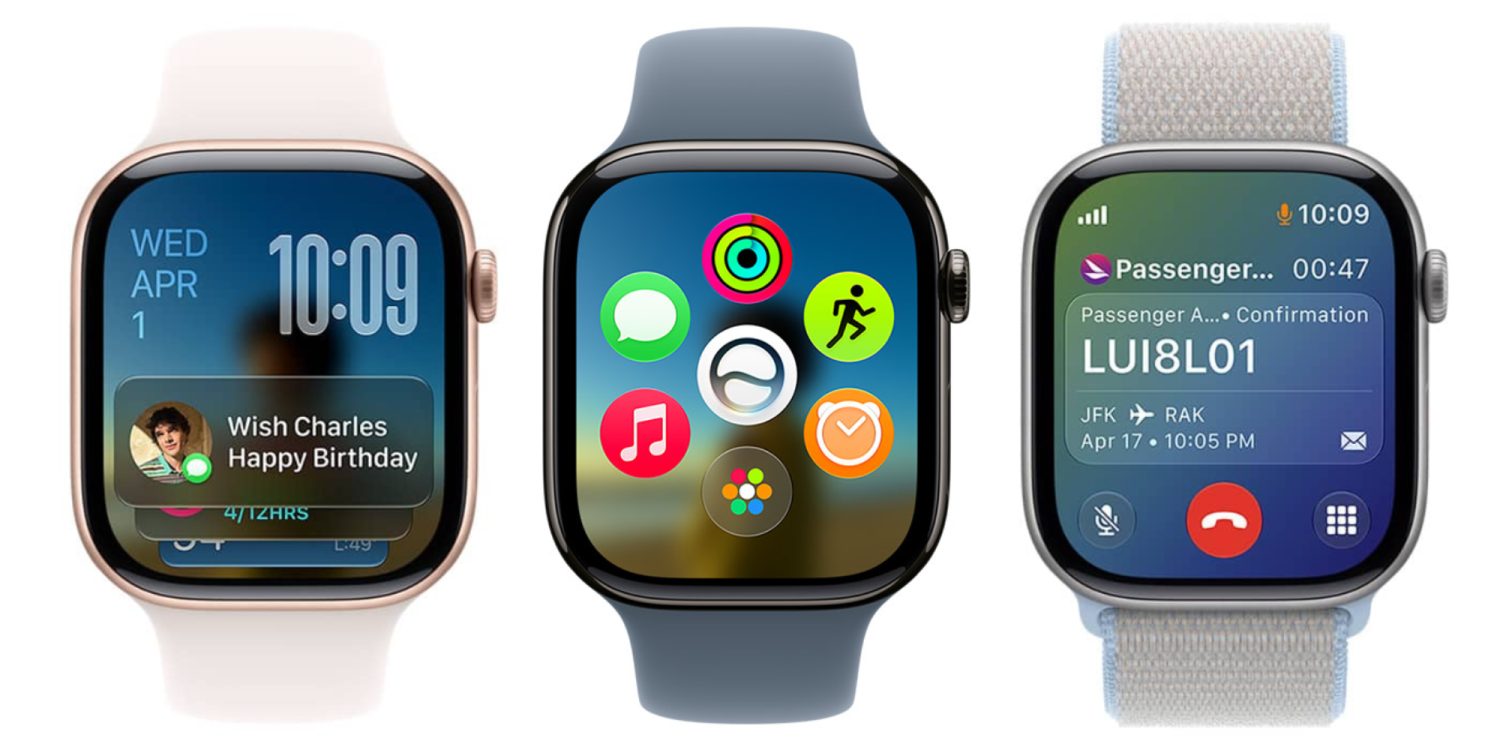 From Phonegram: Three Apple Watches running watchOS 27 show different screens: a message notification, an app grid, and an incoming call containing flight information. Each features a different colored band.