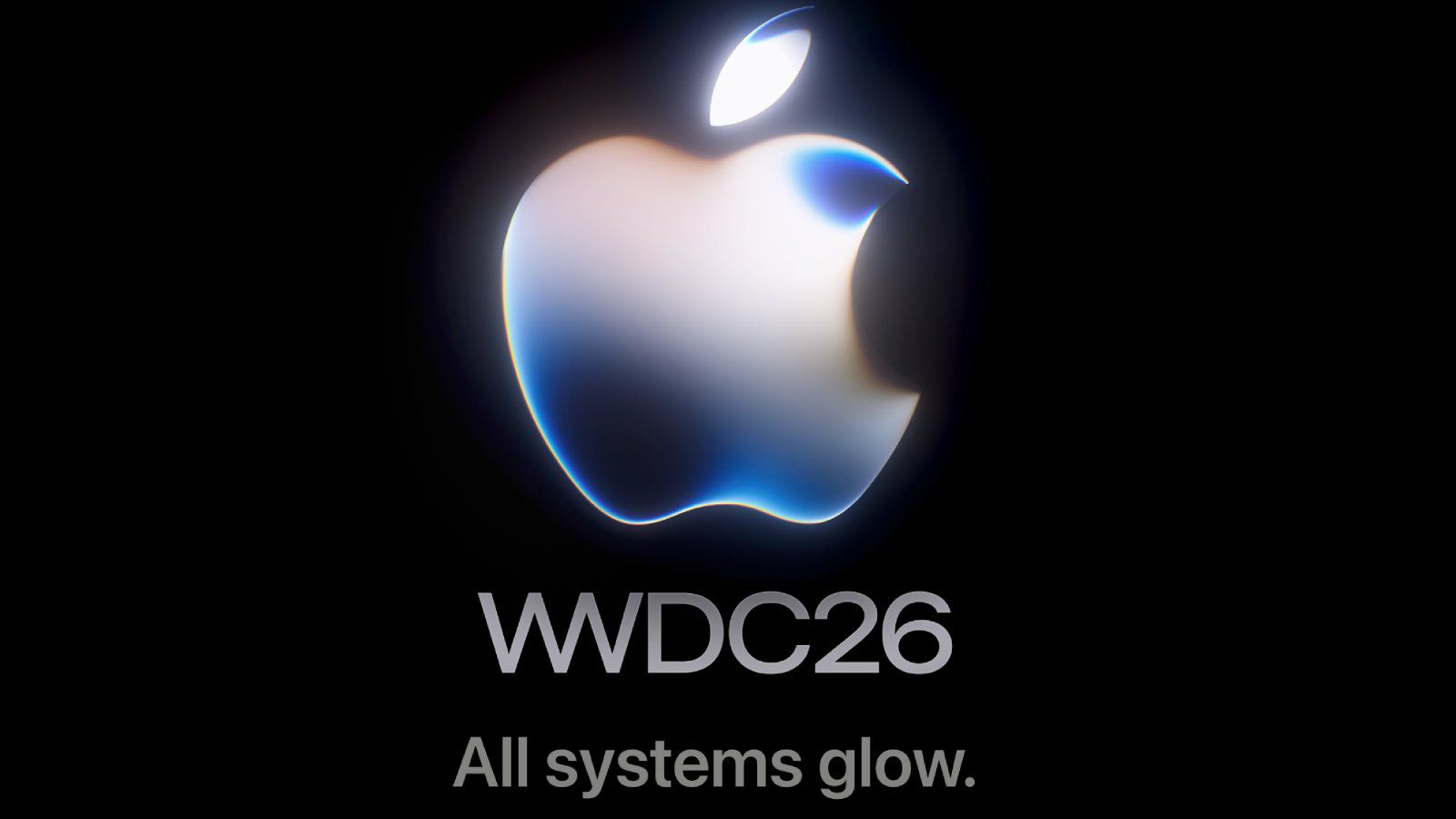 من موقع فون إسلام: شعار Apple مع تأثير متوهج فوق النص "WWDC26" و"توهج جميع الأنظمة" على خلفية سوداء, مثالية لمحبي مواكبة أخبار التقنية أو البحث عن ملخص في عالم التكنولوجيا.