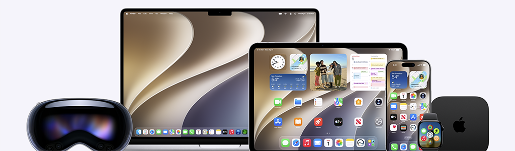 من موقع فون إسلام: مجموعة من أجهزة Apple التي تم تحديثها بنظام iOS 27، بما في ذلك جهاز MacBook وiPad وiPhone وApple Watch وسماعة Vision Pro وجهاز Mac mini — وجميعها تعرض خلفية تجريدية متشابهة.