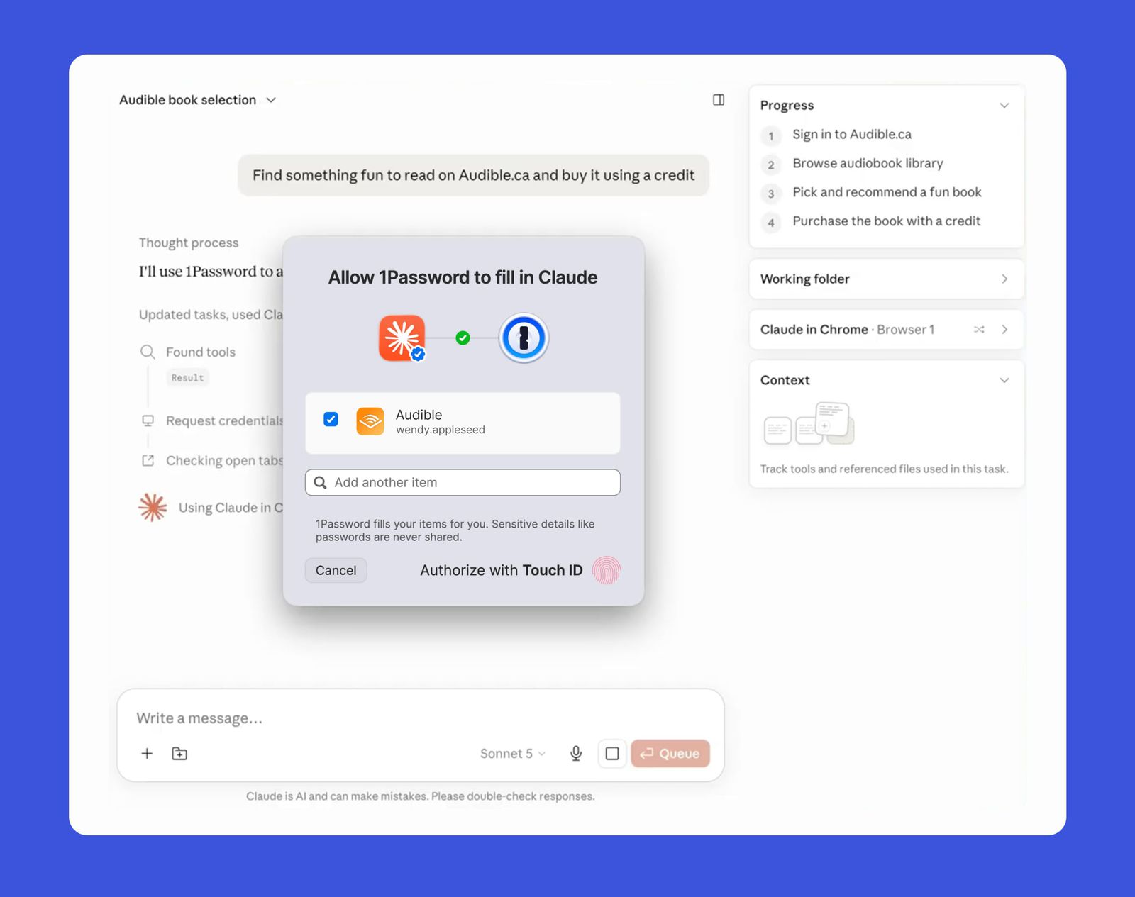 From the Phonegram website: A pop-up window appears requesting permission for 1Password to fill in Audible login information in the Claude app, with options to add another item or authenticate using Touch ID — perfect for those following tech news, ensuring both security and convenience.