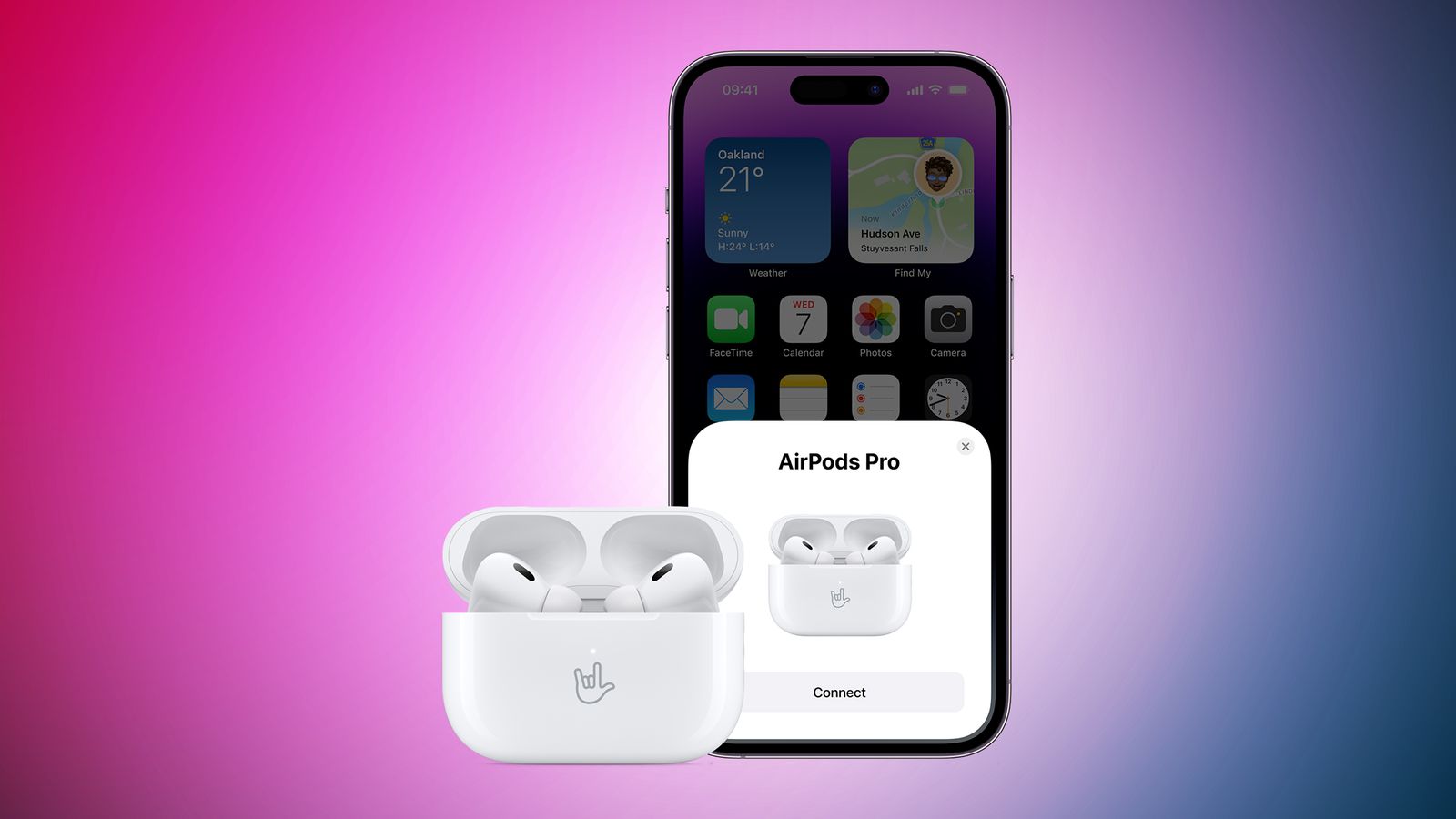من موقع فون إسلام: يظهر زوج من سماعات AirPods Pro داخل علبة شحن مفتوحة على شاشة iPhone مع زر «اتصال»، على خلفية متدرجة باللونين الوردي والأزرق — وهو مشهد مثالي لمتابعة «ملخص أسبوعي» أو البقاء على اطلاع بـ«أخبار التقنية» بينما تستمتع بصوت نقي للغاية.
