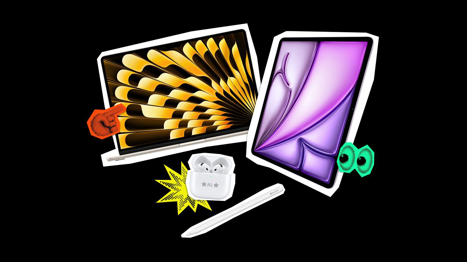 من موقع فون إسلام: رسم توضيحي لجهاز MacBook وiPad وApple Pencil وAirPods، مع تصاميم تجريدية ملونة ولمسات رسومية على خلفية سوداء، وهو مثالي لتجسيد الطاقة الديناميكية لـ«ملخص الأخبار» أو «الهامش الأسبوعي» في «أخبار التكنولوجيا».
