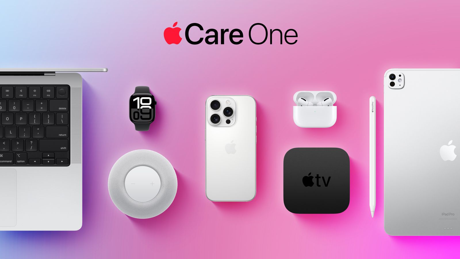 From the Phonegram website: A collection of 'Apple' products, including a MacBook, Apple Watch, HomePod, iPhone, AirPods, Apple TV, iPad, and Apple Pencil, arranged on a pink-to-blue gradient background below the text 'Apple Care One' — an ideal image to display in the 'Weekly Summary' or to highlight the latest tech news.