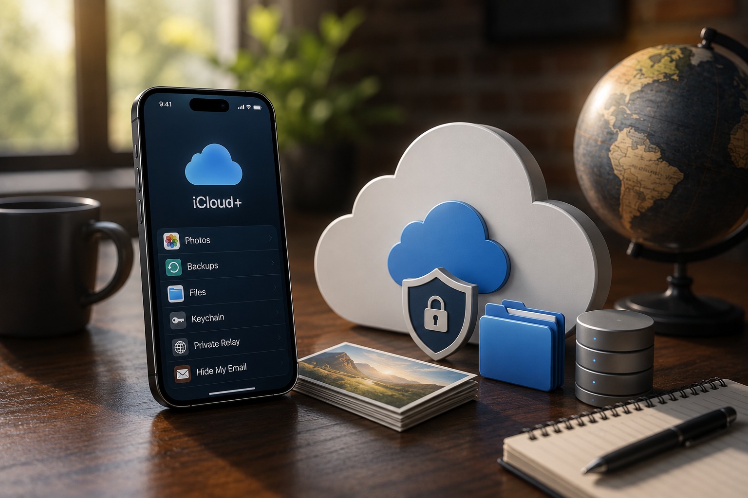 من موقع فون إسلام: يُظهر هاتف ذكي خيارات «iCloud+» وأسعار «iCloud» بجانب رمز سحابة عليه قفل، وصور مطبوعة، ودفتر ملاحظات، وكرة أرضية، وكوب قهوة، على مكتب خشبي.