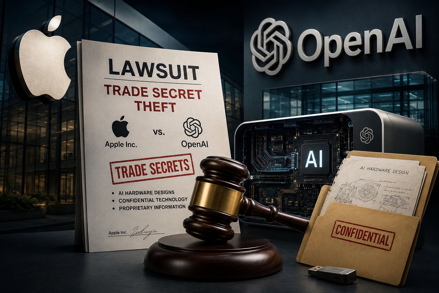 من موقع فون إسلام: تكشف وثيقة قضائية أن شركة آبل تقاضي شركة OpenAI بتهمة سرقة الأسرار التجارية، حيث تظهر في الصورة أجهزة الذكاء الاصطناعي ومطرقة القاضي ومجلدات سرية على خلفية شعارَي الشركتين.