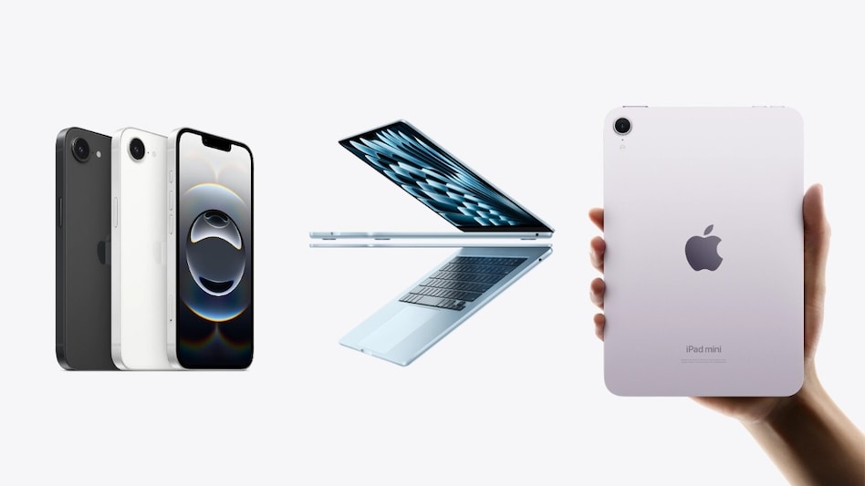 من موقع فون إسلام: تظهر ثلاثة أجهزة آيفون وجهاز MacBook Air مفتوحًا ويد تحمل جهاز iPad mini على خلفية بيضاء بسيطة، في عرض للأجهزة المتوفرة من خلال برنامج تأجير أجهزة آبل.