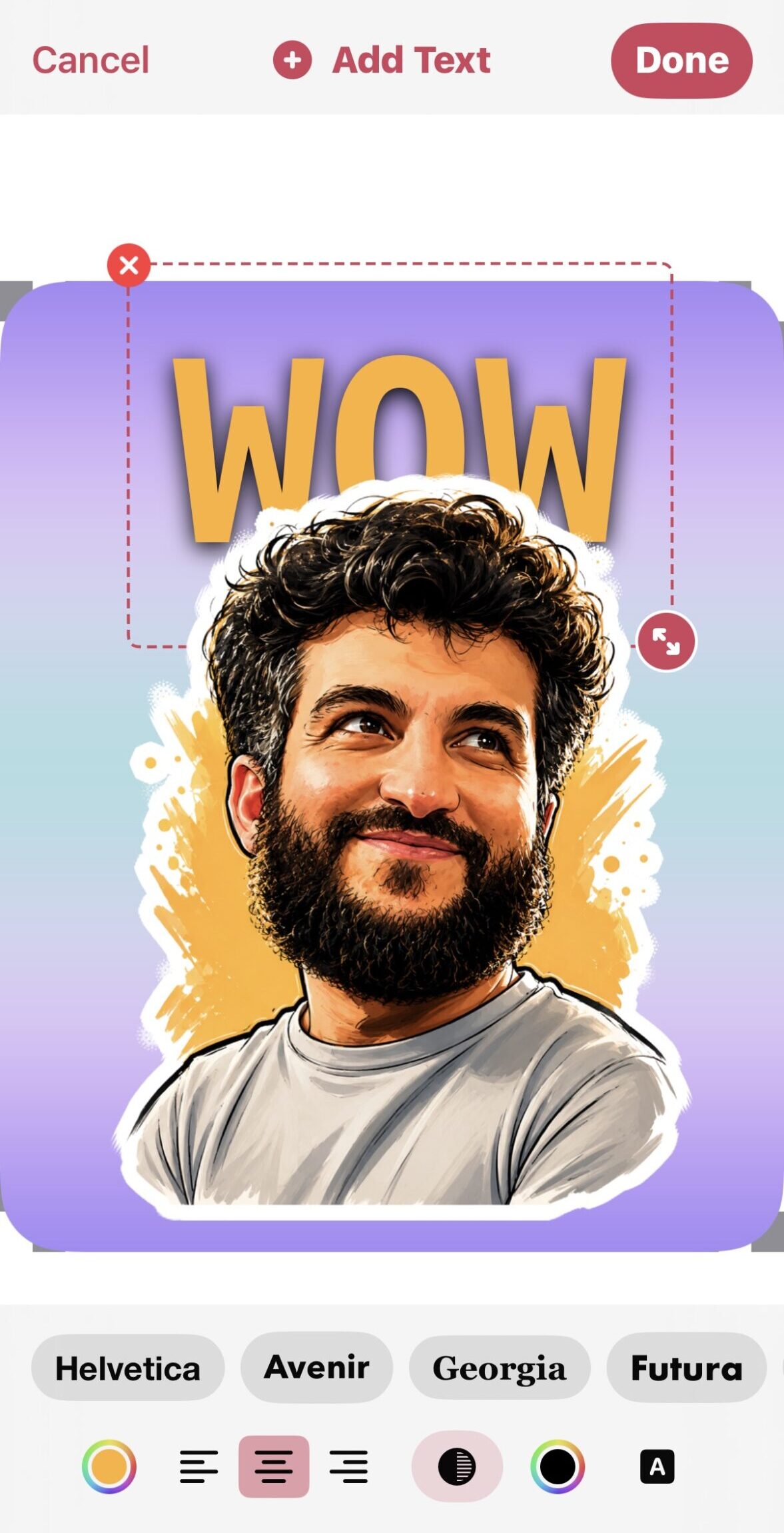من موقع فون إسلام: رسم رقمي لرجل ملتحٍ مبتسم يظهر أسفل نص كبير مكتوب عليه «WOW» على خلفية أرجوانية وصفراء؛ وتظهر على الشاشة خيارات تحرير النص وميزات «تطبيق عزل الخلفية».