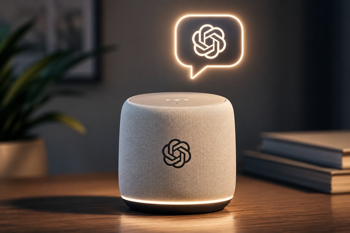 من موقع فون إسلام: يظهر مكبر صوت ذكي من أجهزة OpenAI الذكية موضوعًا على طاولة خشبية، ويظهر فوقه رمز فقاعة حوار متوهج. وتظهر في الخلفية كتب ونبتة بشكل غير واضح.