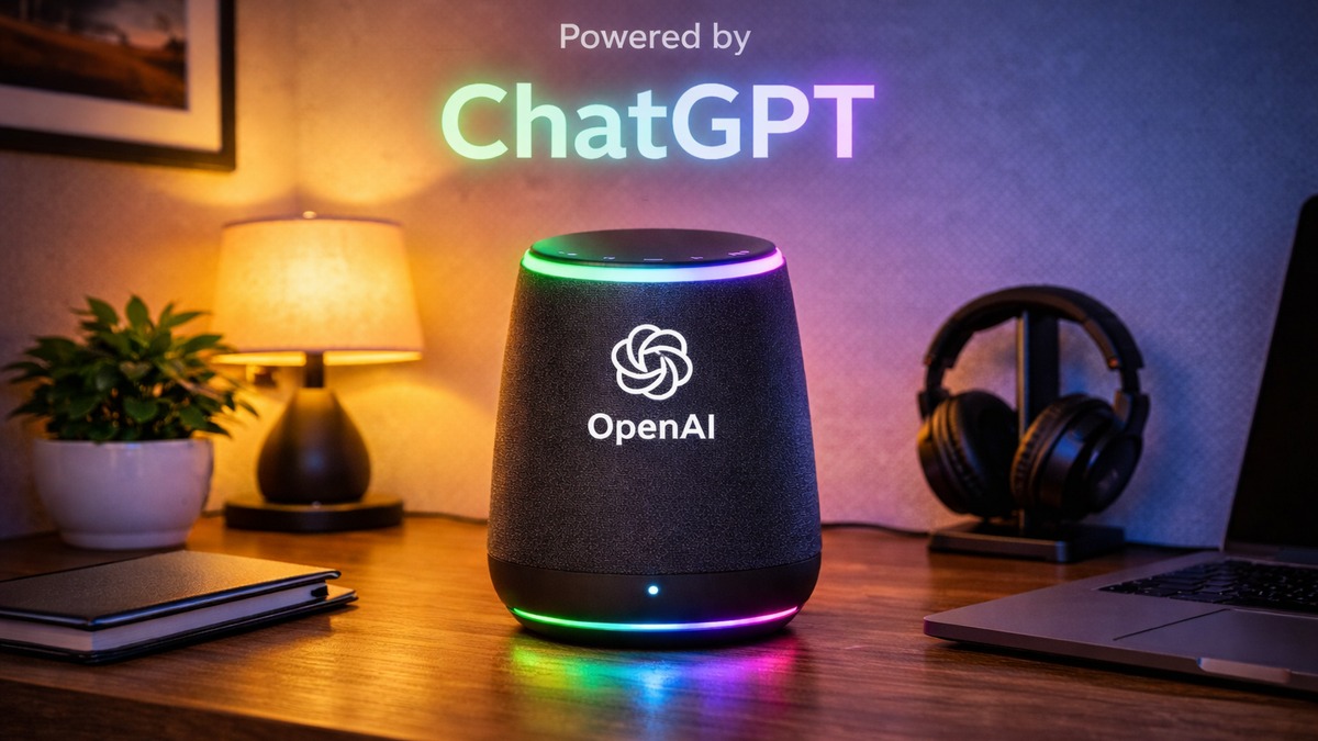من موقع فون إسلام: يوجد مكبر صوت ذكي من أجهزة OpenAI الذكية، يحمل شعارًا مضيئًا، على مكتب بالقرب من جهاز كمبيوتر محمول وسماعات رأس ومصباح ونباتات. ويظهر النص أعلاه عبارة «مدعوم بواسطة ChatGPT».