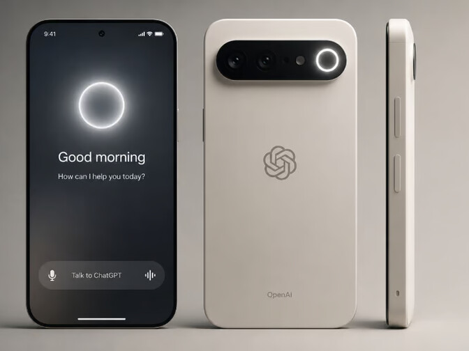 من موقع فون إسلام: ثلاث صور لهاتف ذكي حديث يحمل شعار OpenAI: الصورة الأمامية مع المساعد الصوتي، والصورة الخلفية التي تُظهر الكاميرات، والصورة الجانبية — وهي إضافة أنيقة إلى أجهزة OpenAI الذكية.
