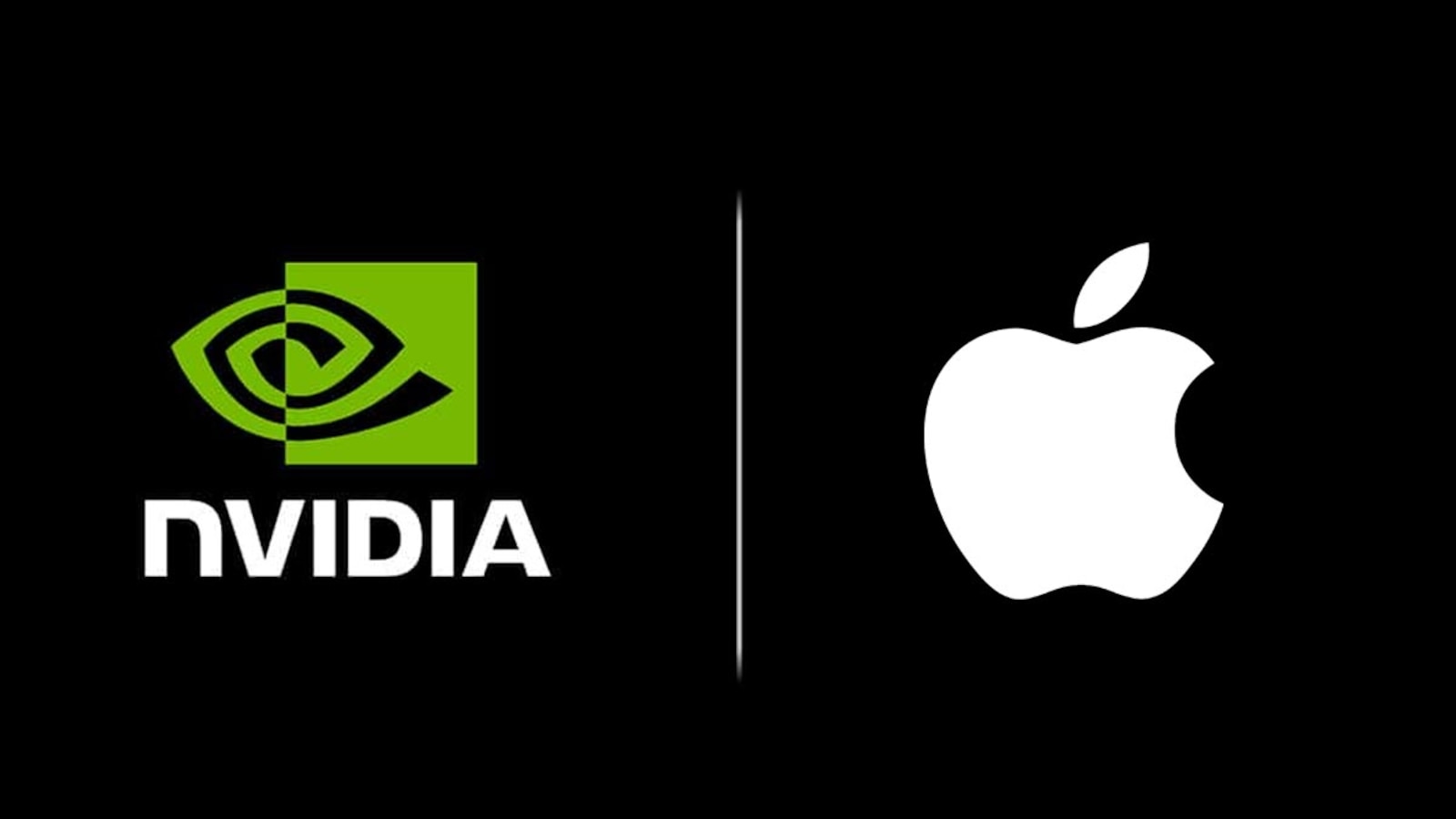 From the Phonegram website: The 'Nvidia' logo on the left and the 'Apple' logo on the right, both on a black background, separated by a vertical white line — an ideal design for displaying 'Weekly News' or 'Latest Tech Updates' on the sidelines.