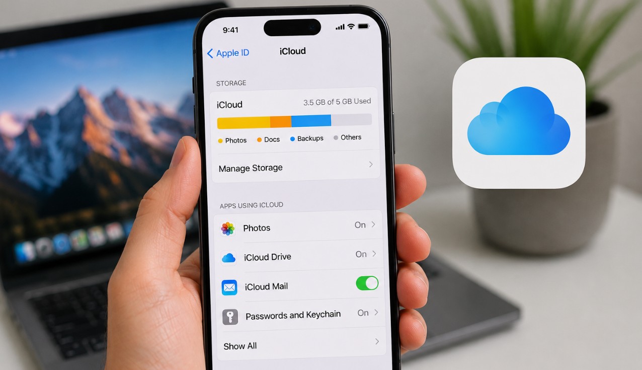 من موقع فون إسلام: يد تمسك بجهاز آيفون يعرض إعدادات التخزين في iCloud، مع إبراز «خيارات تحرير مساحة التخزين»؛ ويظهر رمز iCloud على اليمين، ويظهر في الخلفية جهاز كمبيوتر محمول بخلفية جبلية.