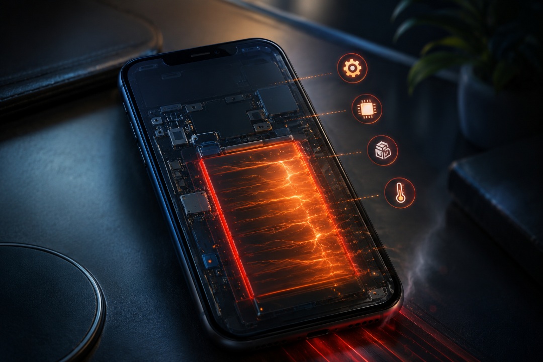 From Phonegram website: A smartphone showing the internal battery and a glowing circuit board, surrounded by floating icons representing settings, devices, data, and temperature — highlighting the advanced features of the iPhone battery.