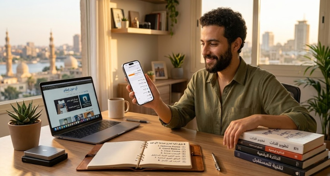 من موقع فون إسلام: يجلس رجل أمام مكتب عليه دفتر مفتوح وجهاز كمبيوتر محمول وكتب مكدسة، وهو يرفع هاتفه الذكي بينما يبحث عن طرق لتحرير مساحة التخزين. وتُظهر النوافذ الكبيرة خلفه منظرًا للمدينة تضم مآذن ومبانٍ.