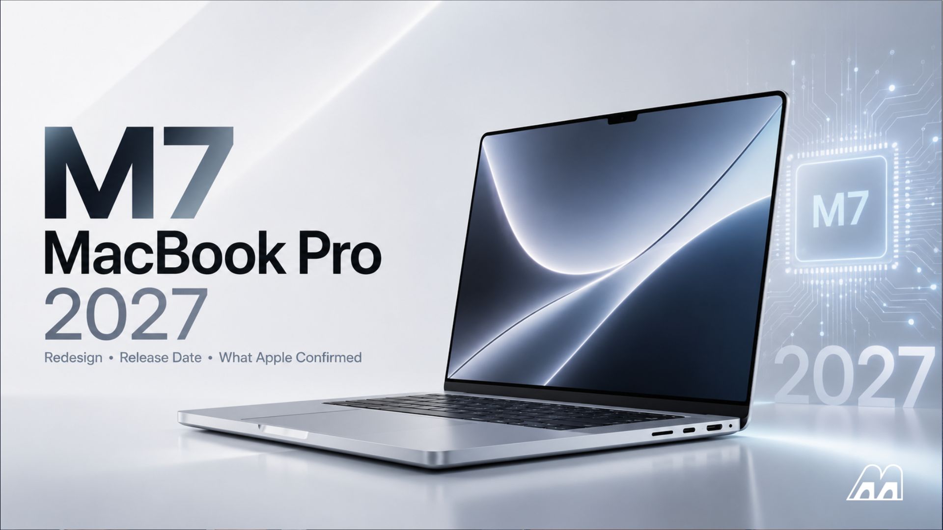 من موقع فون إسلام: يظهر جهاز MacBook Pro فضي اللون بشاشة مفتوحة. ويظهر النص «M7 MacBook Pro 2027»، مع تلميحات حول التصميم وتاريخ الإصدار بجانب شريحة رسومية تحمل العنوان «معالجات آبل سيليكون M7».
