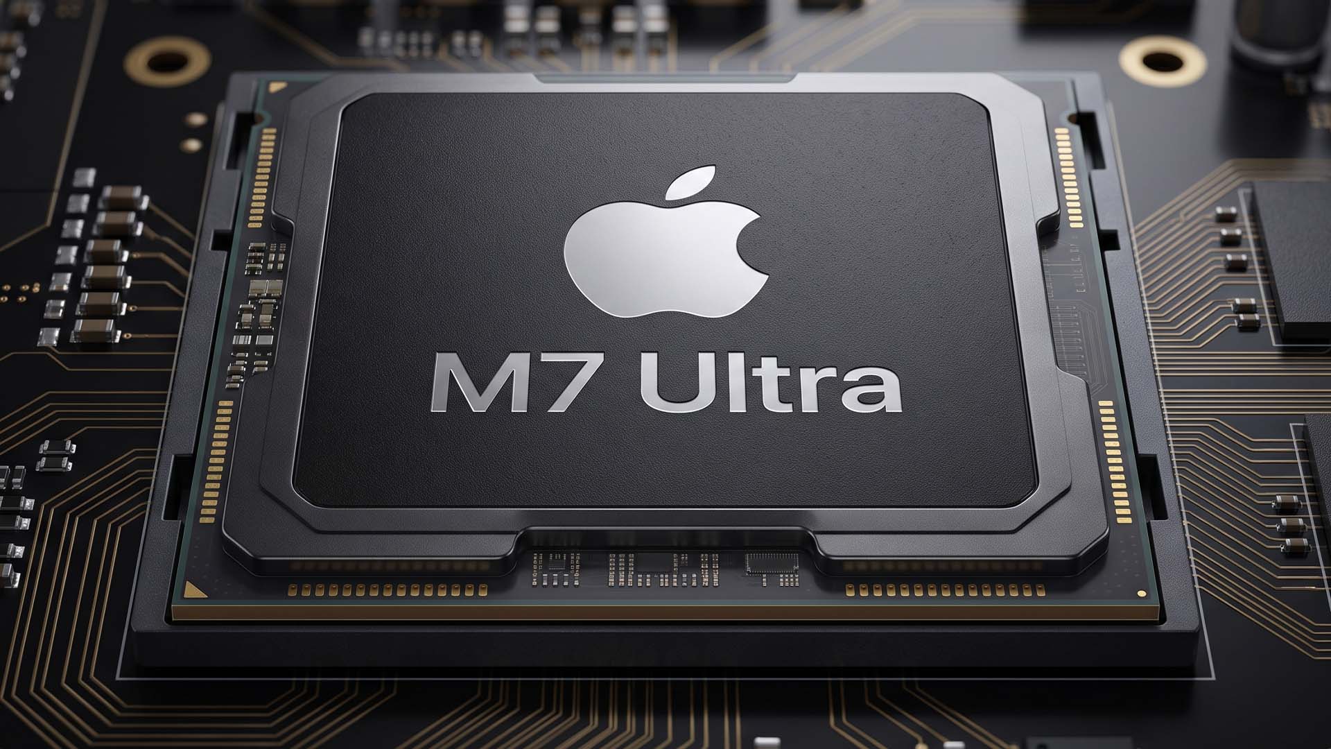 من موقع فون إسلام: لقطة مقربة لرقاقة كمبيوتر تحمل العلامة «M7 Ultra» وشعار آبل، موضوعة على لوحة دوائر كهربائية داكنة تظهر عليها مكونات إلكترونية ذهبية وسوداء، مما يسلط الضوء على القدرات المتطورة لمعالجات آبل سيليكون M7.