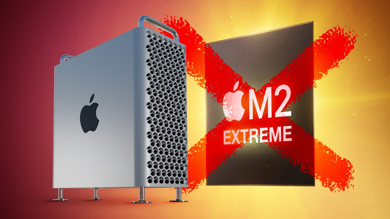 From the Phonegram website: A silver desktop computer from 'Apple' appears next to the black 'Apple M2 Extreme' logo covered with a large red 'X' on a gradient background, displaying the latest tech news and forming a prominent visual element in any news summary within the 'Weekly Sidelines'.